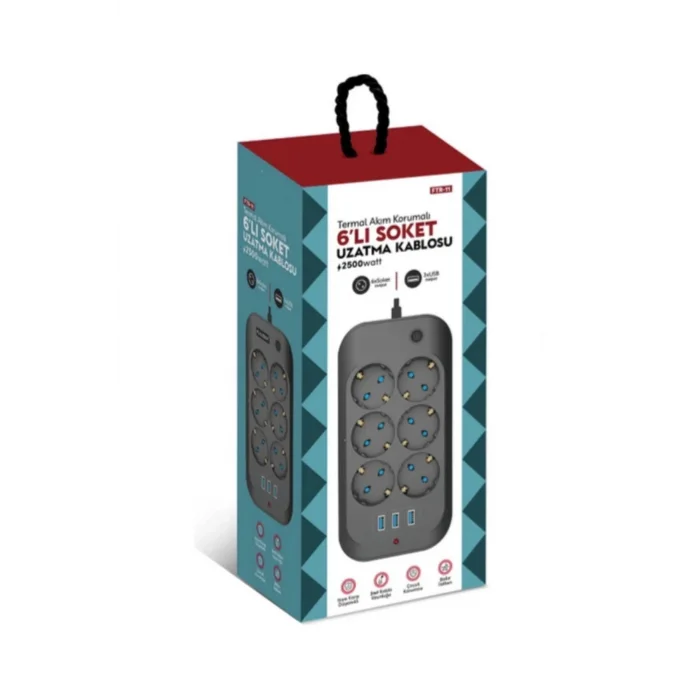 BUĞZ Termal Akım Korumalı, Çocuk Korumalı, 6’lı 2 Mt Uzatma Kablosu 6 X Priz, 3 X Usb