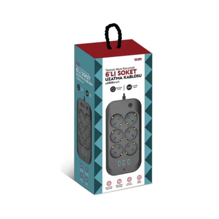 BUĞZ Termal Akım Korumalı, Çocuk Korumalı, 6’lı 2 Mt Uzatma Kablosu 6 X Priz, 3 X Usb