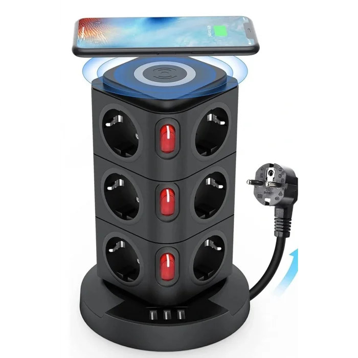 BUĞZ Termal Akım Korumalı Isıya Dayanıklı 3 Usb 12 Priz Ve Wireless Kablosuz Şarj 2.4 Amper Kablolu Priz