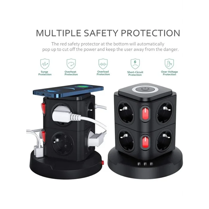 BUĞZ Termal Akım Korumalı Isıya Dayanıklı 3 Usb 8 Priz Ve Wireless Kablosuz Şarj 2.4 Amper Kablolu Priz