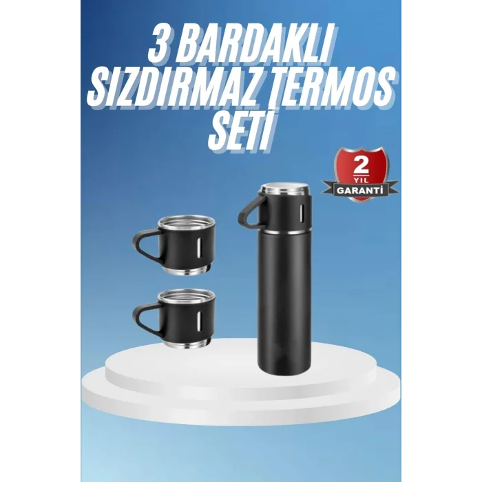 BUĞZ Termos Paslanmaz Çelik Termos Siyah Renk 3 Bardaklı Termos Seti