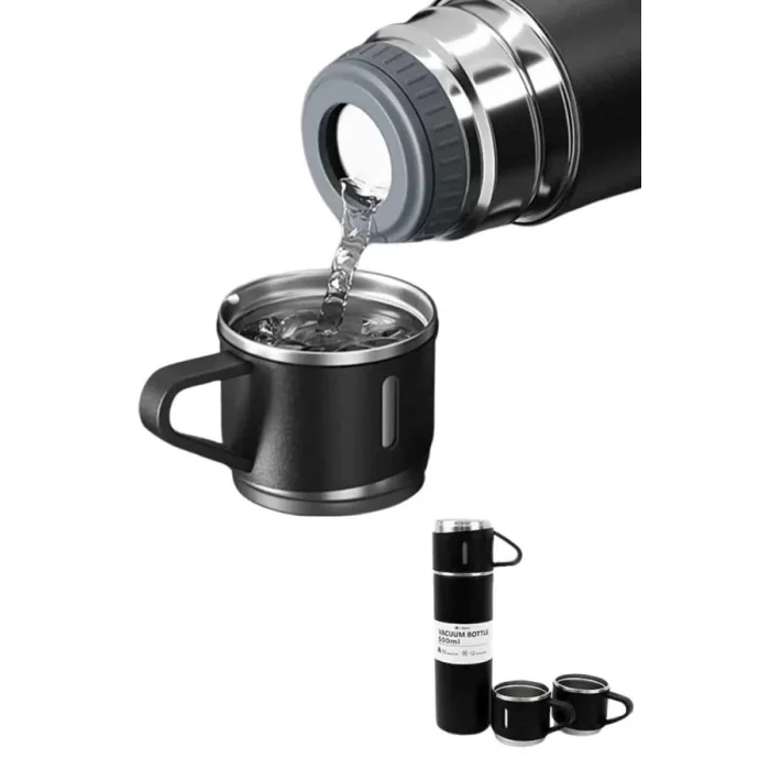  Termos Paslanmaz Çelik Termos Siyah Renk 3 Bardaklı Termos Seti