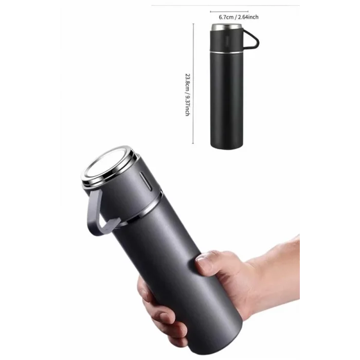  Termos Paslanmaz Çelik Termos Siyah Renk 3 Bardaklı Termos Seti