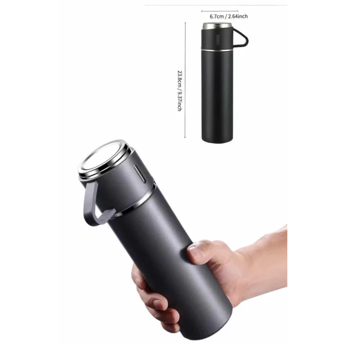  Termos Paslanmaz Çelik Termos Siyah Renk 3 Bardaklı Termos Seti