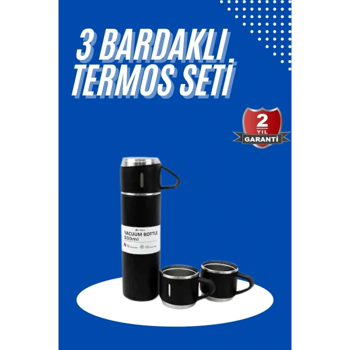 BUĞZ Termos Seti 3lü Bardak Seti Isı Dayanıklı Siyah Paslanmaz Çelik Vakumlu
