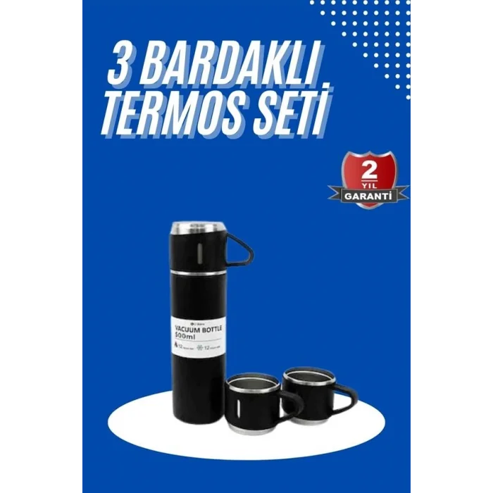 BUĞZ Termos Seti 3lü Bardak Seti Isı Dayanıklı Siyah Paslanmaz Çelik Vakumlu