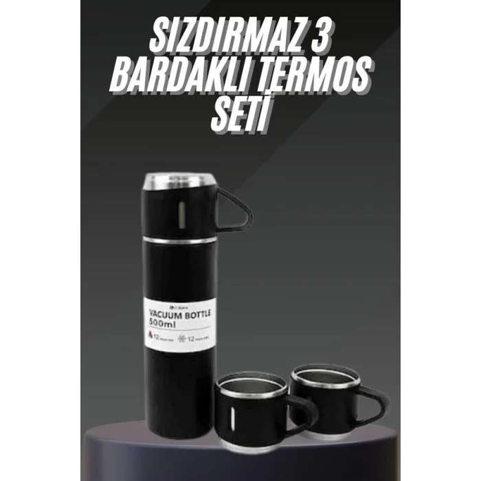 BUĞZ Termos Seti Paslanmaz Çelik 3 Bardaklı Vakumlu Termos Set 500 Ml 12 Saate Kadar Isı Koruma