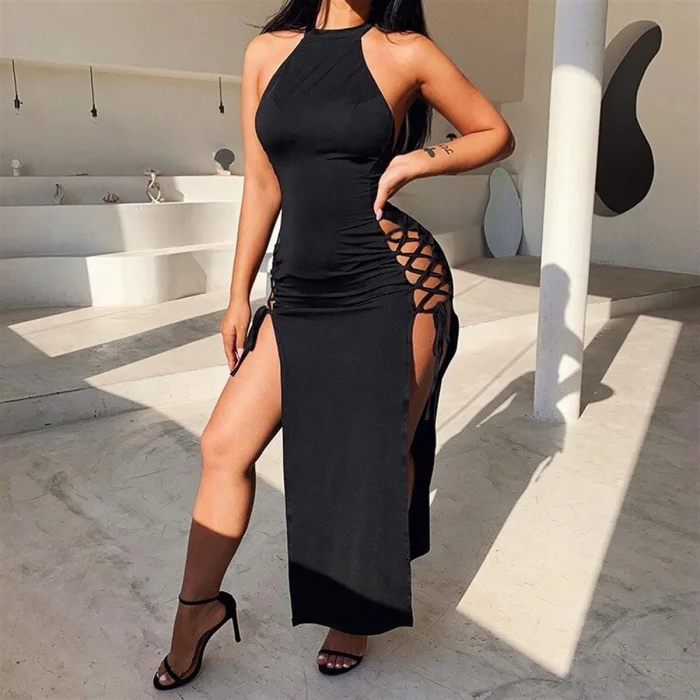 BUĞZ Terry Pau Bayan Yandan Bağlı Yırtmaçlı Siyah Elbise