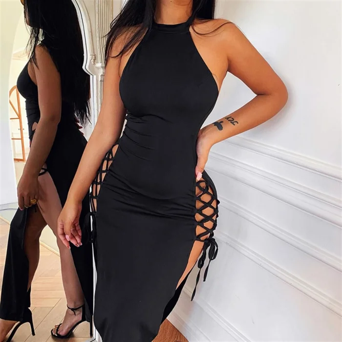 BUĞZ Terry Pau Bayan Yandan Bağlı Yırtmaçlı Siyah Elbise