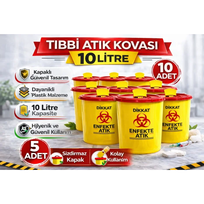 BUĞZ Tıbbi Atık Kovası 10 Litre 10 Adet Kapaklı Tıbbi Atık Kutusu Enfekte Atık Kovası Seti