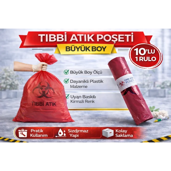 BUĞZ Tıbbi Atık Poşeti Büyük Boy 10lu 1 Rulo Kırmızı Tıbbi Atık Atık Poşeti