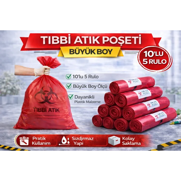 BUĞZ Tıbbi Atık Poşeti Büyük Boy 10lu 5 Rulo Kırmızı Tıbbi Atık Atık Poşeti Seti