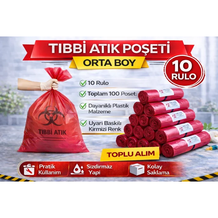 BUĞZ Tıbbi Atık Poşeti Orta Boy 10lu 10 Rulo Kırmızı Tıbbi Atık Atık Poşeti Seti