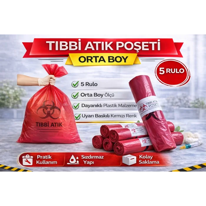 BUĞZ Tıbbi Atık Poşeti Orta Boy 10lu 5 Rulo Kırmızı Tıbbi Atık Atık Poşeti Seti