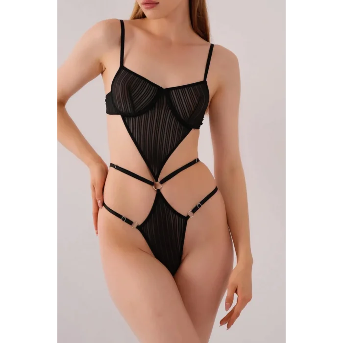 BUĞZ Transparan Siyah Dekolteli Balenli Fantazi İç Giyim Body TM1408