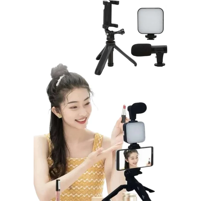 BUĞZ Tripod Telefon Tutucu Kumandalı Mikrofon Led Işık Vlog Video Kayıt