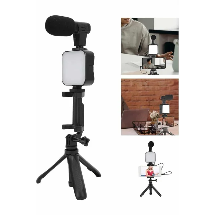 BUĞZ Tripod Telefon Tutucu Kumandalı Mikrofon Led Işık Vlog Video Kayıt - Lisinya