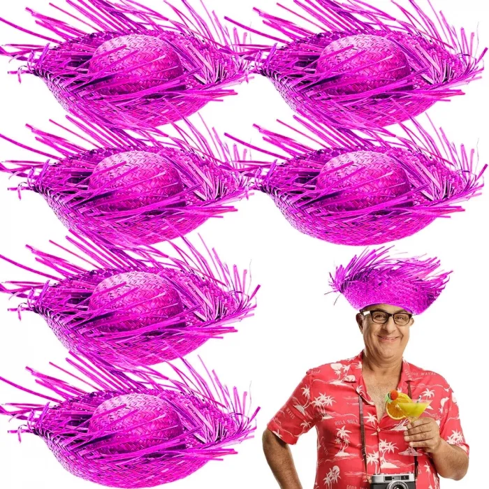 BUĞZ Tropikal Parti Pembe Fuşya Hasır Hawaii Şapkası 13x36 Cm