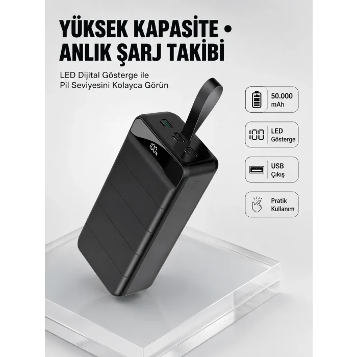BUĞZ Tüm Cihazlarla Uyumlu 50.000 mAh Powerbank – Yüksek Kapasiteli, LED Gösterge ve Akıllı Koruma Fonksiyonlu