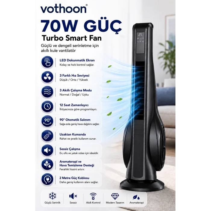 BUĞZ Turbo Smart Akıllı Fan Led Ekranlı Kumandalı 90° Hareketli Serinletici Soğutucu Kule Tipi Vantilatör