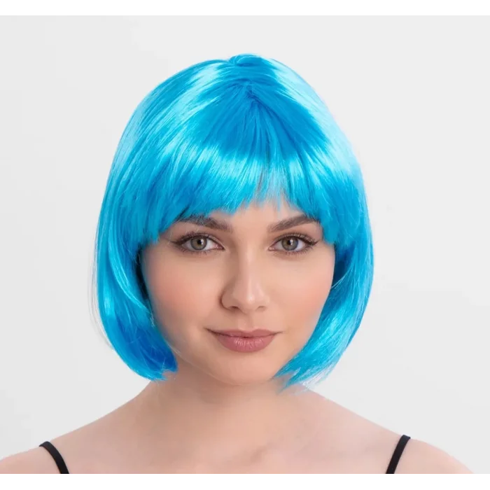 BUĞZ Turkuaz Açık Mavi Renk Düz Kesim Kısa Küt Parti Peruğu