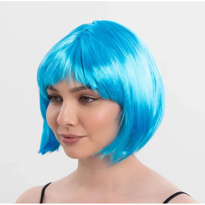 Turkuaz Açık Mavi Renk Düz Kesim Kısa Küt Parti Peruğu