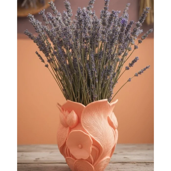 BUĞZ Turuncu Çiçek Desenli 3D Dekoratif Vazo Modern Masaüstü Aksesuar