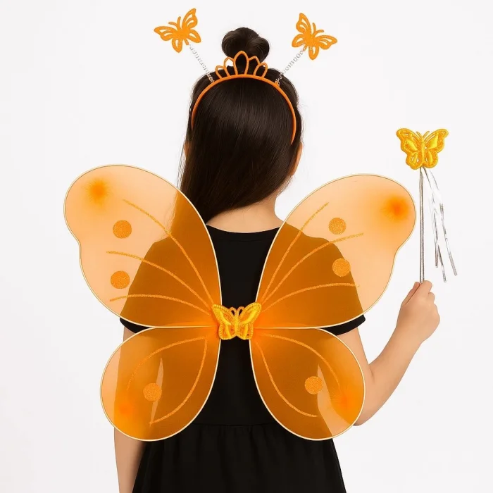  Turuncu Kelebek Kız Seti – 50 cm Kelebek Kanadı, Taç ve Asa