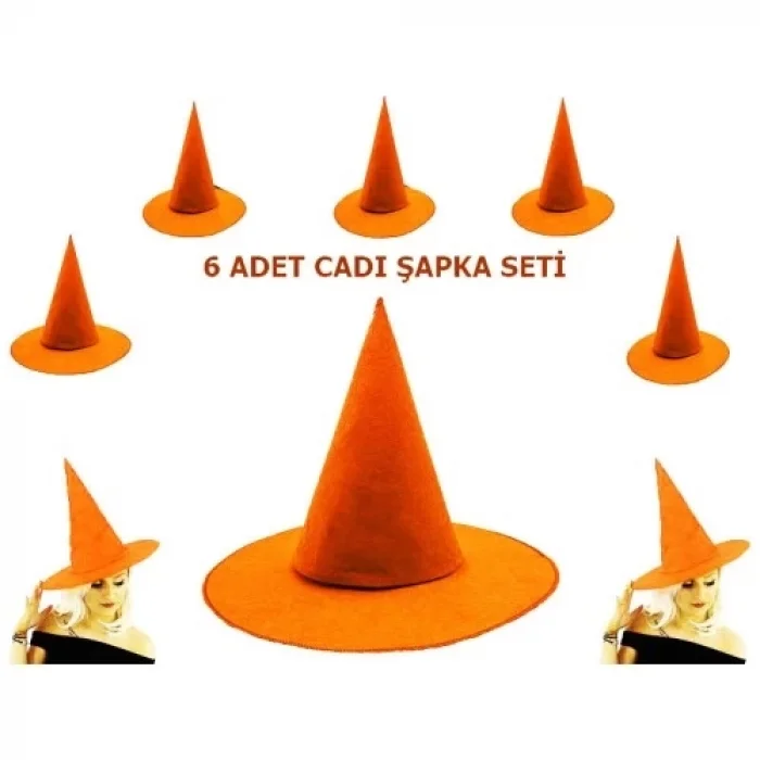  Turuncu Renk Keçe Cadı Şapkası 6 Adet