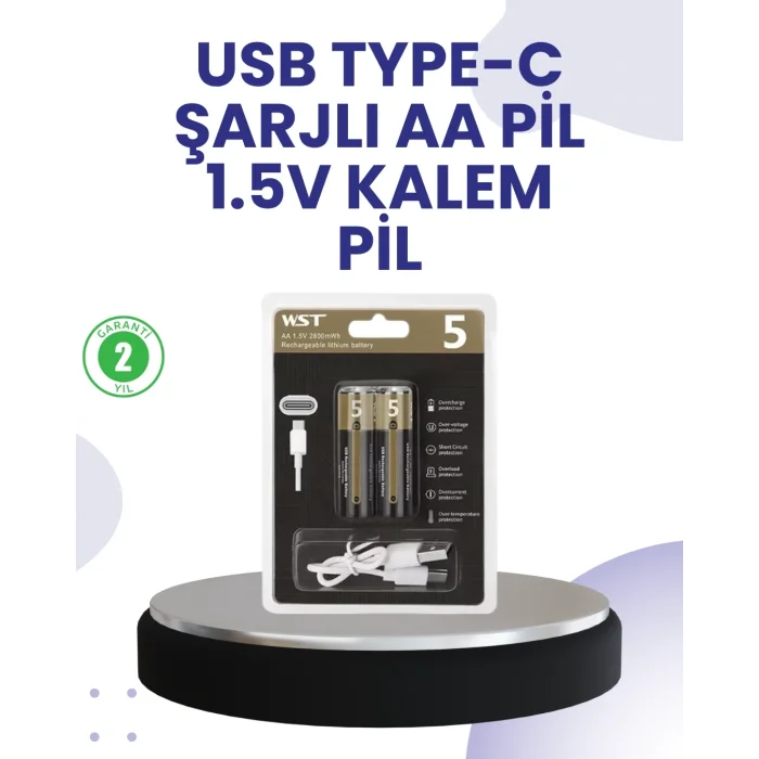 BUĞZ Type-C USB ile Hızlı Şarj Edilebilir AA Kalem Pil | 1.5V Lityum | Çiftli Paket
