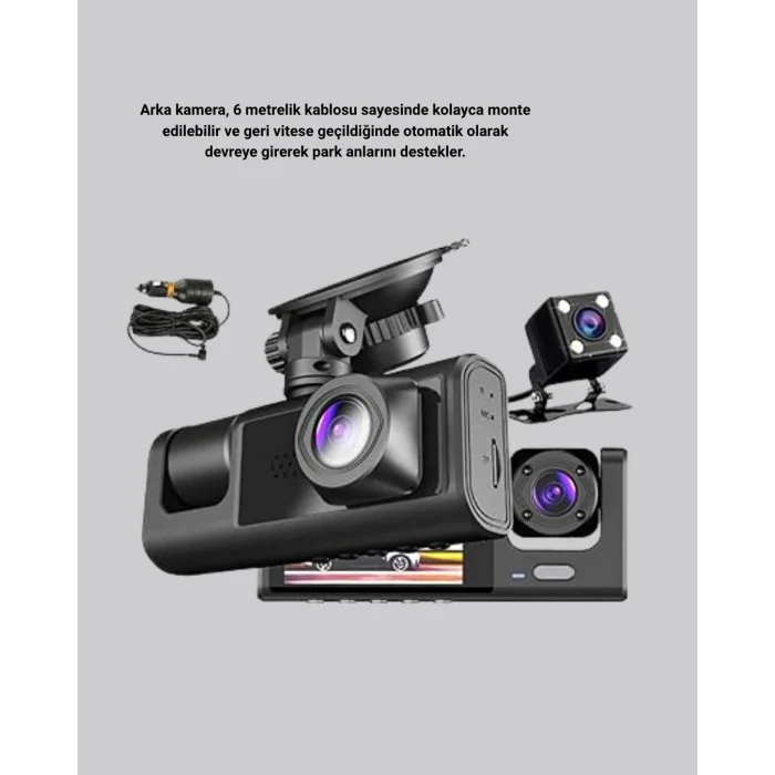 BUĞZ Üç Kameralı Araç DVR Full HD Gece Görüşlü ve 2 inç IPS Ekranlı