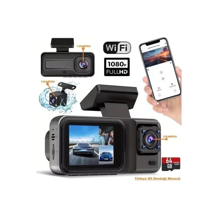  Üç Kameralı Ön Iç Arka Araç Içi Kamera Wifi Viidure App Mpıa CC38 64GB