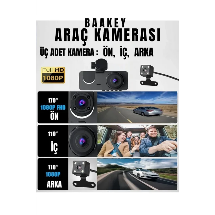  Üç Kameralı Wi‑Fi Araç İçi Kamera – GPS Takip & G-Sensor Özellikli Güvenlik Çözümü