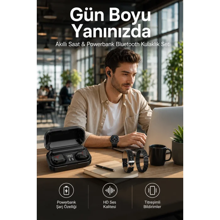 BUĞZ Ucuz Kaliteli Akıllı Saat ve Powerbank Bluetooth Kulaklık 5.1 Stereo ANC Özelliği