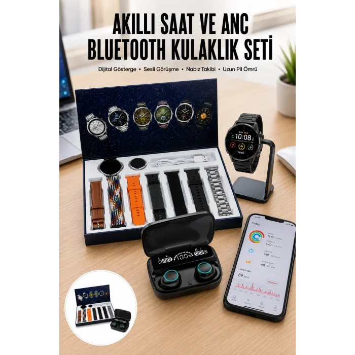 BUĞZ Ucuz Kaliteli Yeni Nesil 7 Kordonlu Akıllı Saat ve Kablosuz Bluetooth Kulaklık ANC Özelliği