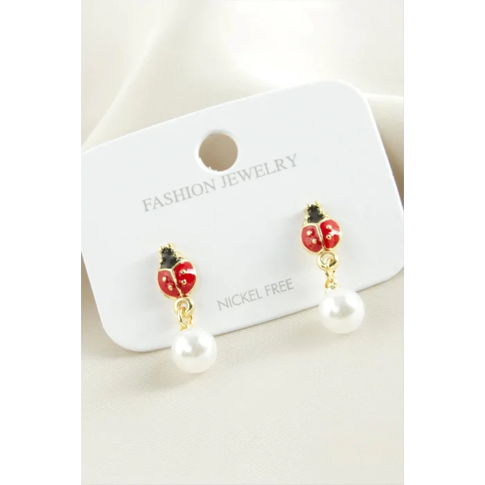  Uğur Böceği Mineli İnci Küpe