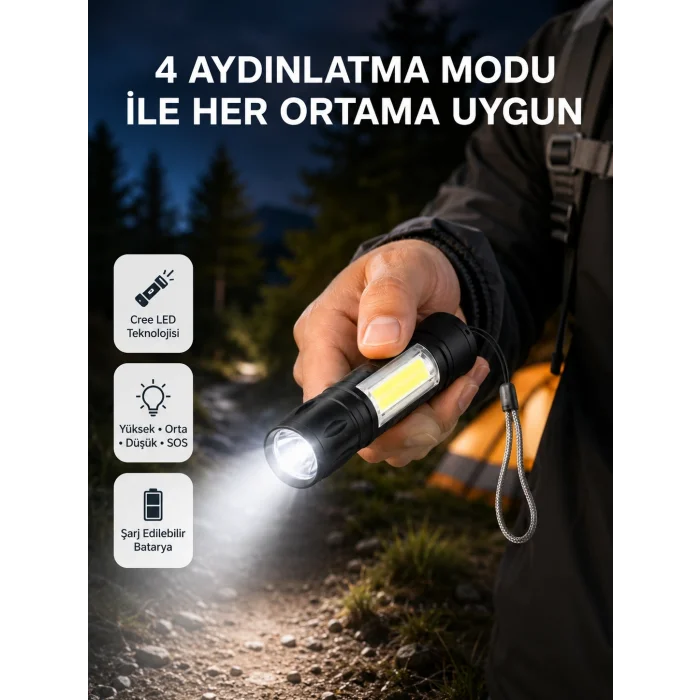 BUĞZ Ultra Dayanıklı 4 Mod Şarjlı Işıldak | Suya ve Darbeye Dayanıklı | 100.000 Saat LED Ömrü