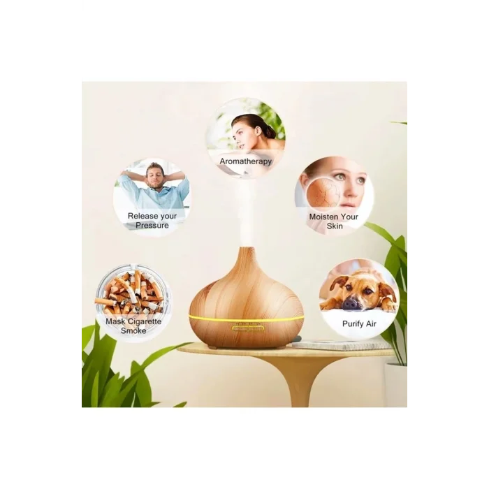 BUĞZ Ultrasonik ahşap desenli hava nemlendirici kumandalı aroma difüzörü 550 ml 7 renk led