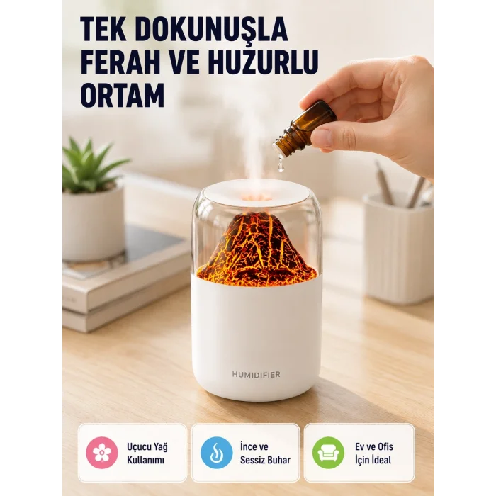 BUĞZ Ultrasonik Alev Efektli Aromaterapi Difüzörü USB Şarjlı ve Otomatik Kapanma Özellikli