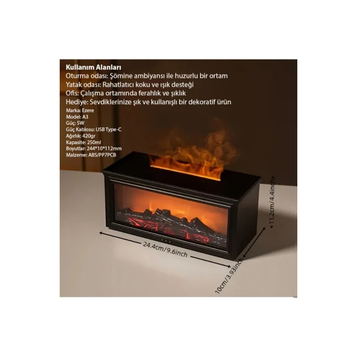BUĞZ Ultrasonik şömine görünümlü hava nemlendirici 250 ml bordo 220-240V 2 yıl garantili