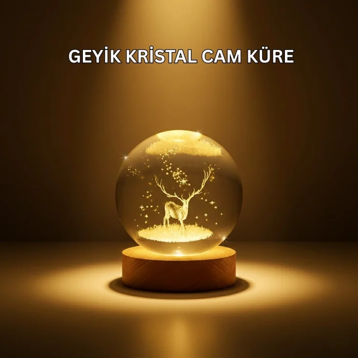 BUĞZ USB Bağlantılı Geyik Temalı Kristal Küre Premium Masa Gece Lambası