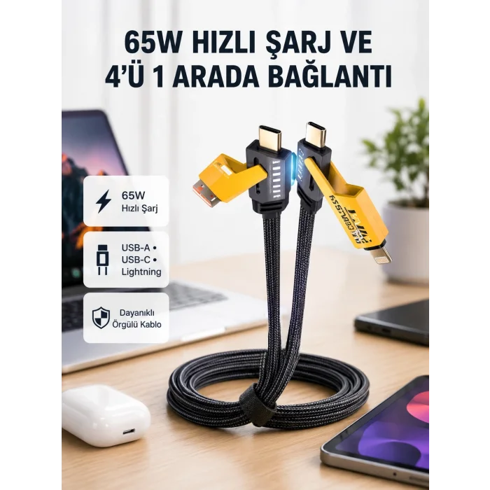 BUĞZ USB-C USB-A 4’ü 1 Arada Örgülü Kablo 65W Hızlı Şarj Metal Uç Dayanıklı