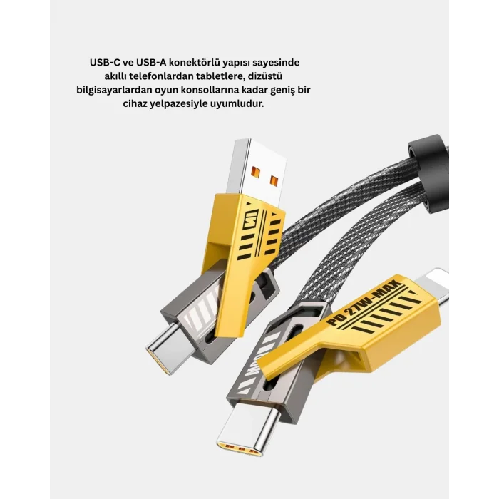 BUĞZ USB-C USB-A 4’ü 1 Arada Örgülü Kablo 65W Hızlı Şarj Metal Uç Dayanıklı