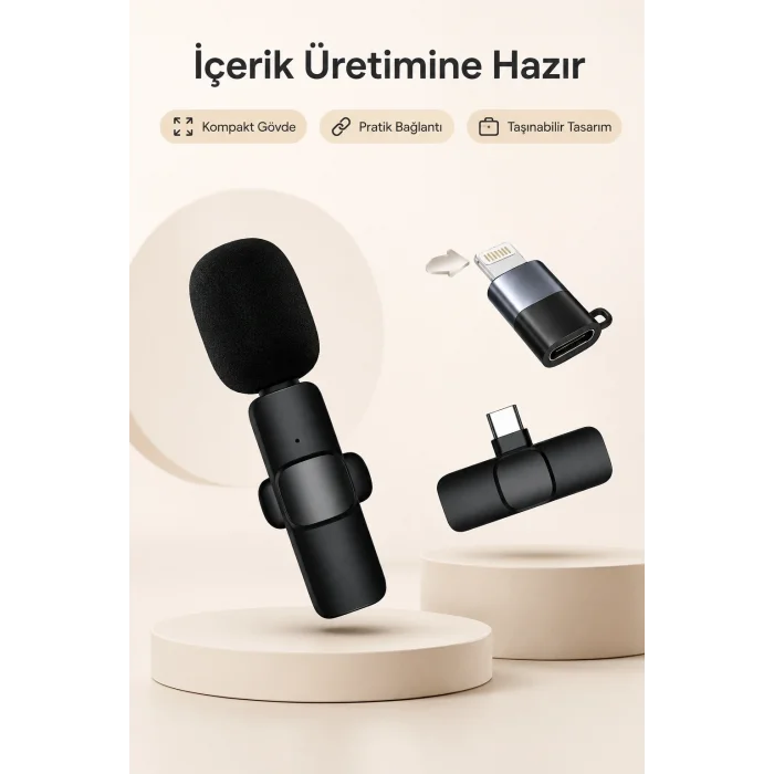 BUĞZ USB-C ve Lightning Uyumlu Kablosuz Yaka Mikrofonu Tak Çalıştır Telefon Ses Kayıt Seti