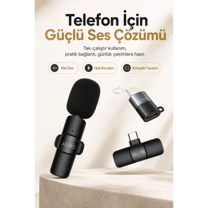 BUĞZ USB-C ve Lightning Uyumlu Kablosuz Yaka Mikrofonu Tak Çalıştır Telefon Ses Kayıt Seti