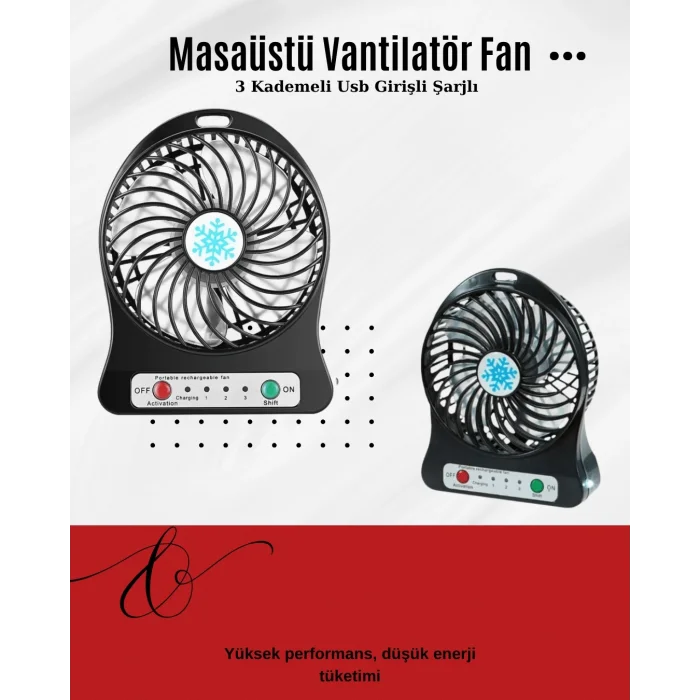  USB Girişli Taşınabilir Masaüstü Mini Fan – 3 Kademeli Hız, Şarjlı, Işıklı, Sessiz Çalışma