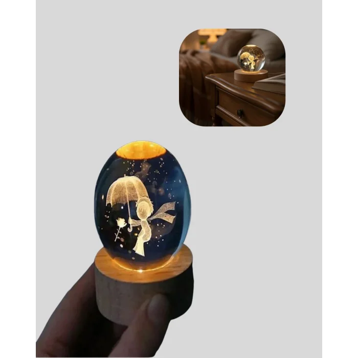 BUĞZ USB LED 3D Küçük Prens Kristal Küre Ahşap Standlı Gece Lambası