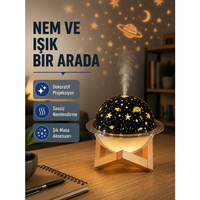 BUĞZ USB Projeksiyon Gece Lambası ve Hava Nemlendirici – Aromaterapi Destekli, Taşınabilir Mini
