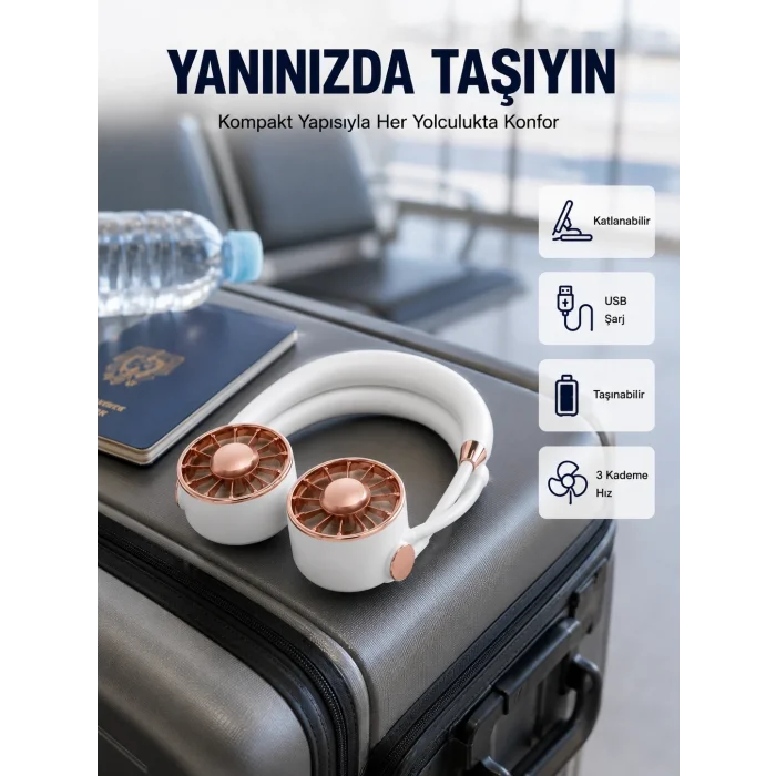 BUĞZ USB Şarjlı Katlanabilir Mini Boyun Fanı 1–3 Saat Kullanım