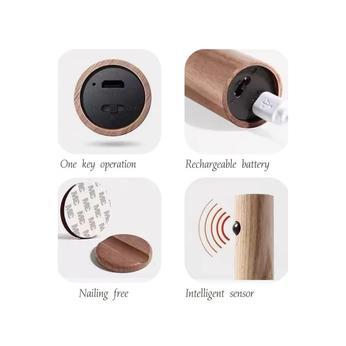 BUĞZ USB Şarjlı Sensörlü Mıknatıslı Ahşap Görünümlü Taşınabilir Duvar Aplik